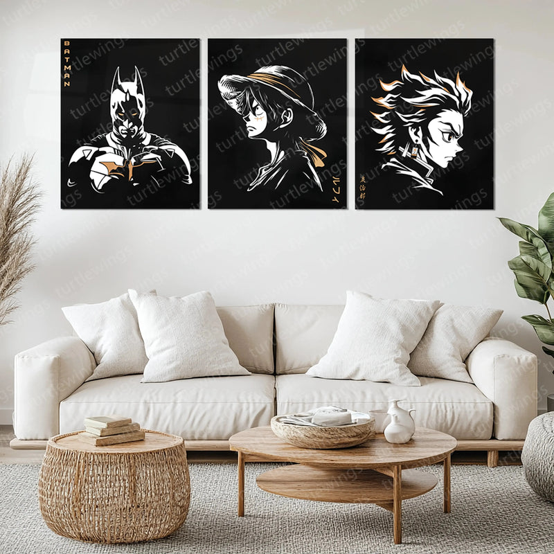 Anime Metal Poster | Batman, Luffy & Tanjiro Metal Poster Set – Iconic Heroes Wall Art Collection - TURTLEWINGS