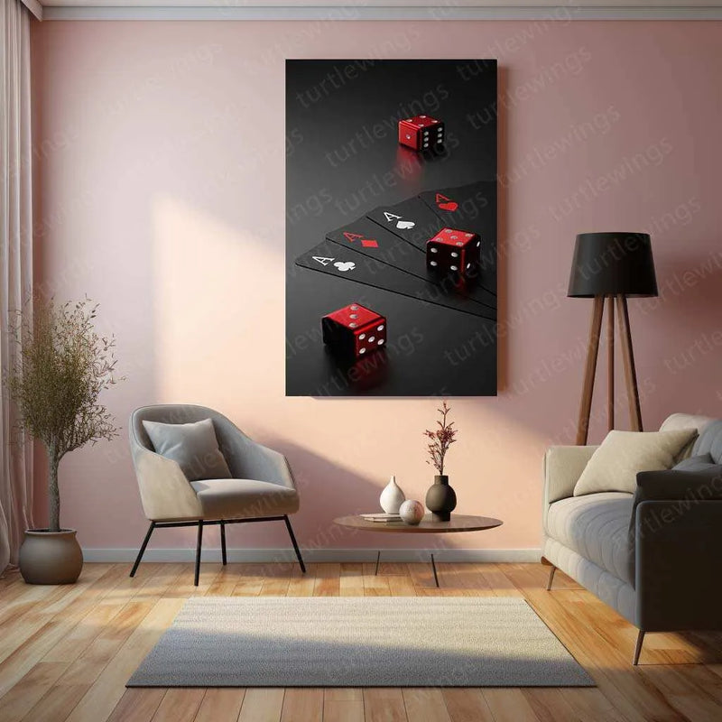 Card & Dice Metal Poster | Casino-Inspired Wall Art | Poker & Gambling Aesthetic Decor - TURTLEWINGS
