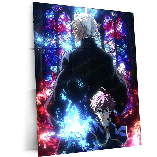 Anime Duo with Magic in Gothic Cathedral – Fantasy Stained Glass Scene Metal Frame | Epic Anime Portrait Wall Art