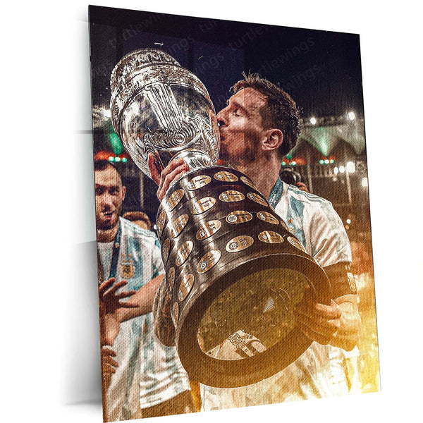 Lionel Messi Lifting Copa América Trophy – Argentina Kit Celebration Metal Frame | Iconic Football Wall Art - TURTLEWINGS