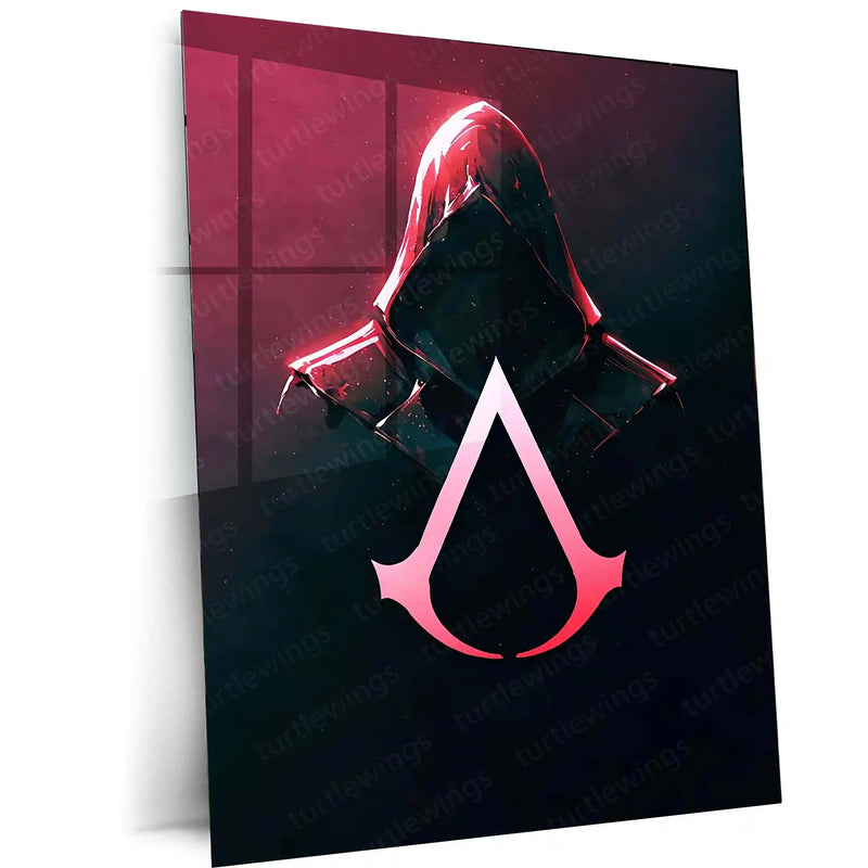 Games Metal Poster | Assassin’s Creed Neon – Red Hooded Assassin Symbol Art Metal Poster | Gaming Wall Frame