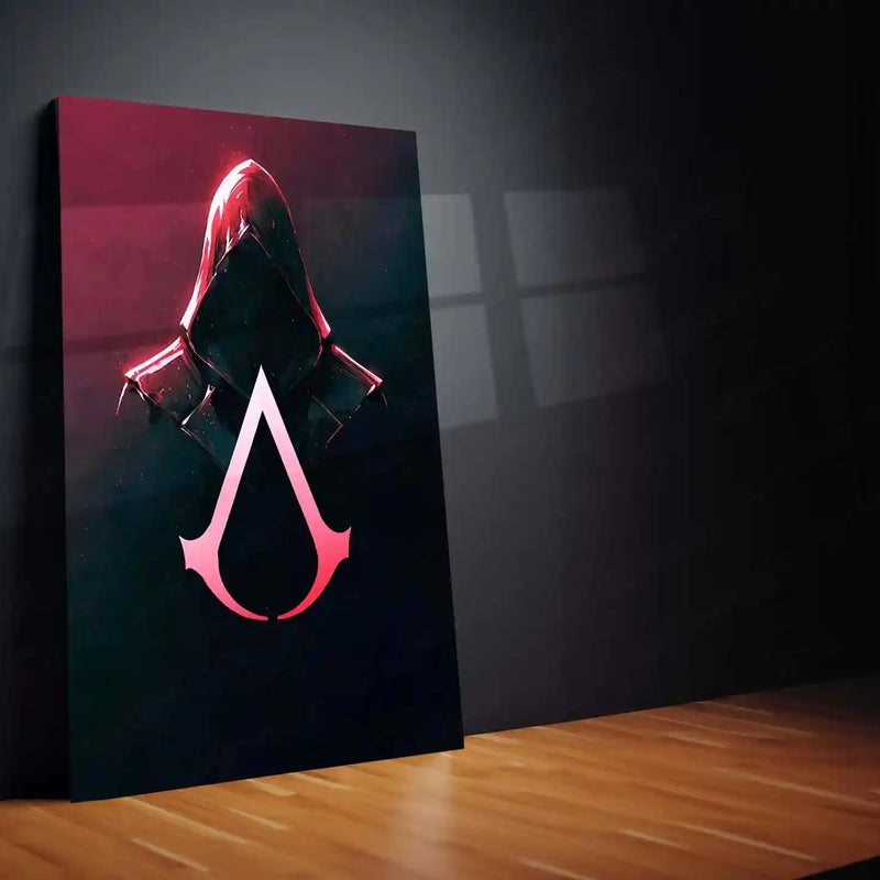 Games Metal Poster | Assassin’s Creed Neon – Red Hooded Assassin Symbol Art Metal Poster | Gaming Wall Frame