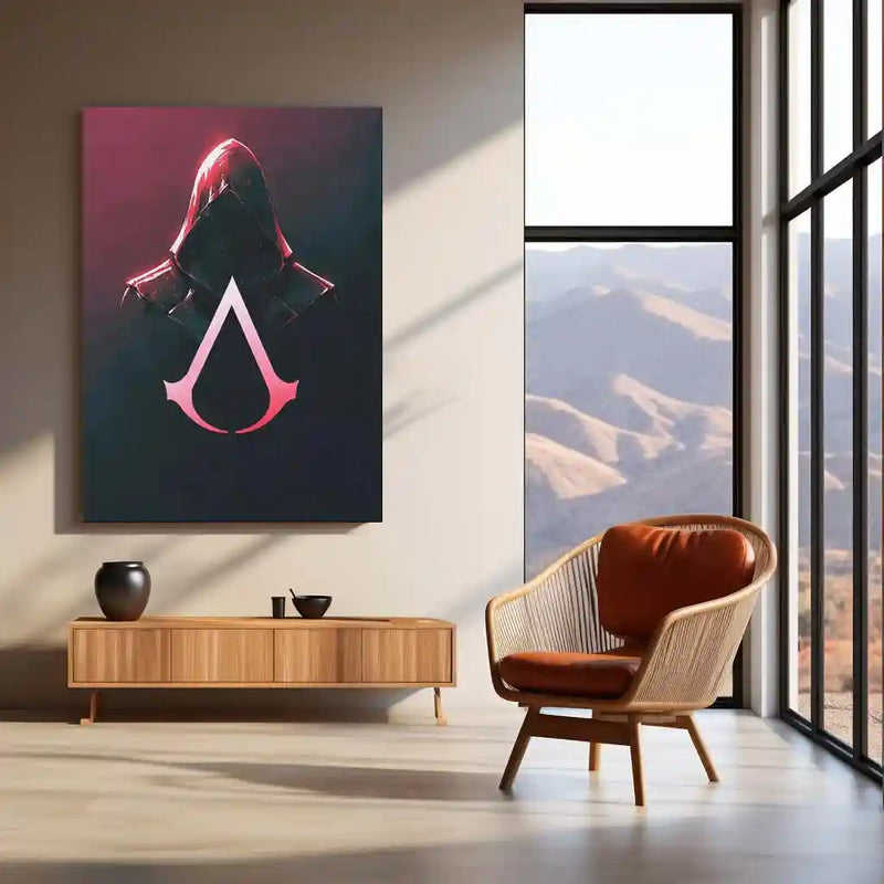 Games Metal Poster | Assassin’s Creed Neon – Red Hooded Assassin Symbol Art Metal Poster | Gaming Wall Frame