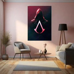Games Metal Poster | Assassin’s Creed Neon – Red Hooded Assassin Symbol Art Metal Poster | Gaming Wall Frame