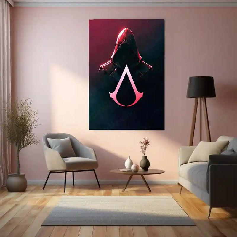 Games Metal Poster | Assassin’s Creed Neon – Red Hooded Assassin Symbol Art Metal Poster | Gaming Wall Frame