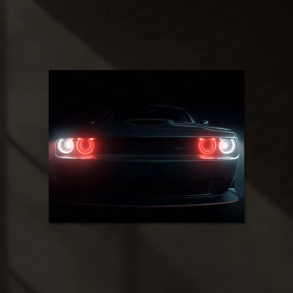 Dodge Challenger – The Hellfire Gaze | Neon LED Metal Poster | American Muscle Power Frame