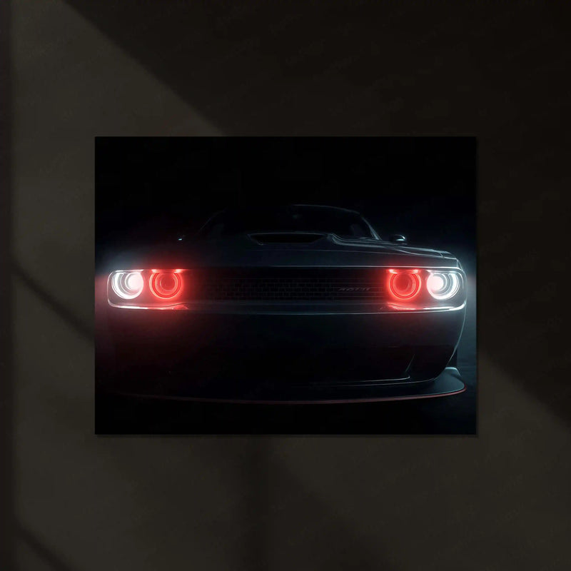 Dodge Challenger – The Hellfire Gaze | Neon LED Metal Poster | American Muscle Power Frame