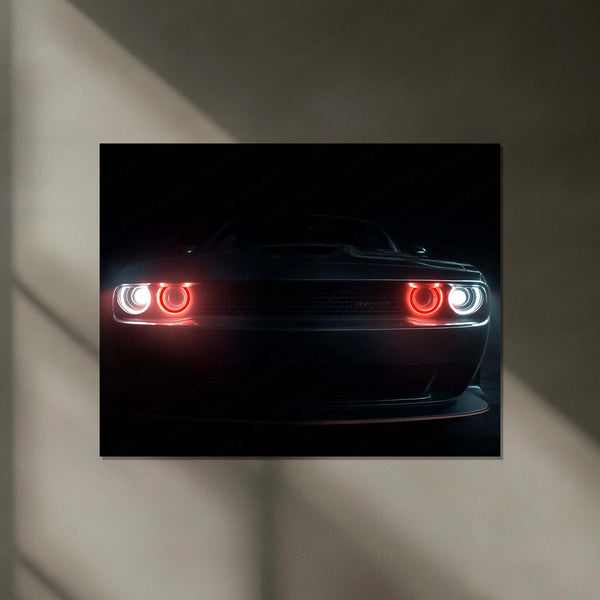 Dodge Challenger – The Hellfire Gaze | Neon LED Metal Poster | American Muscle Power Frame