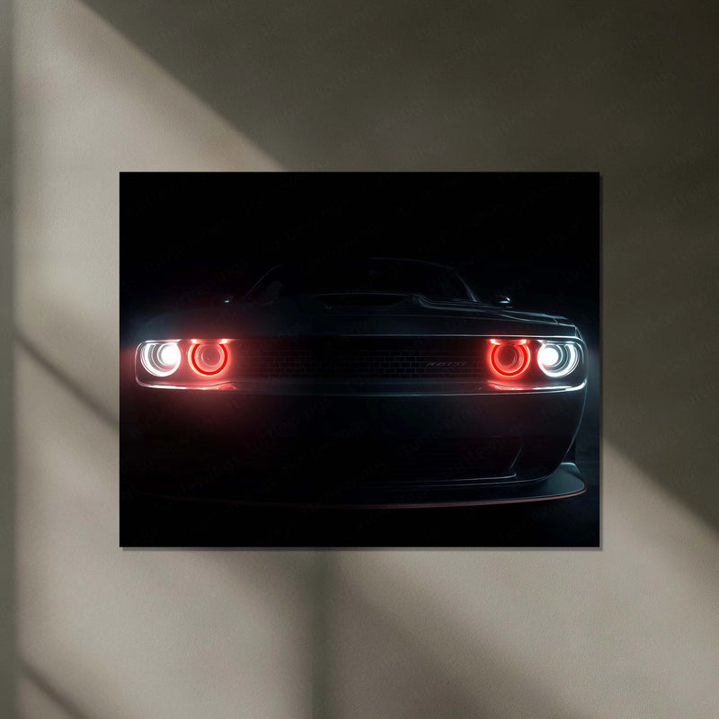 Dodge Challenger – The Hellfire Gaze | Neon LED Metal Poster | American Muscle Power Frame