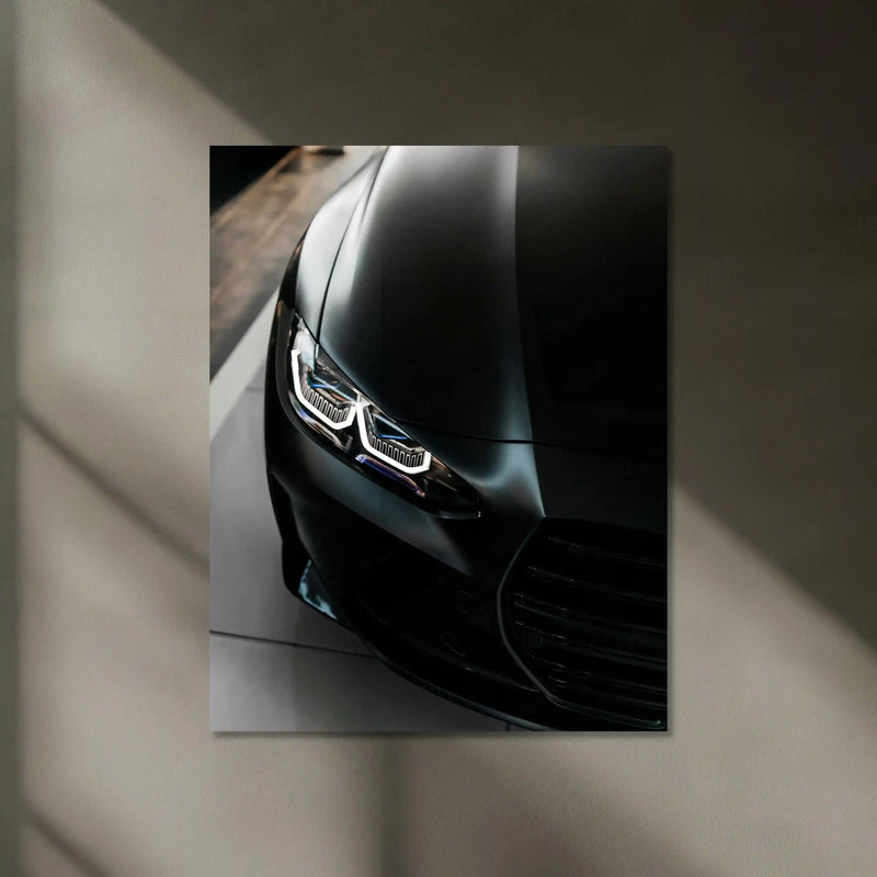 BMW Dark Edition – Satin Black Front Close-Up Neon LED Metal Poster | Luxury Car Wall Frame