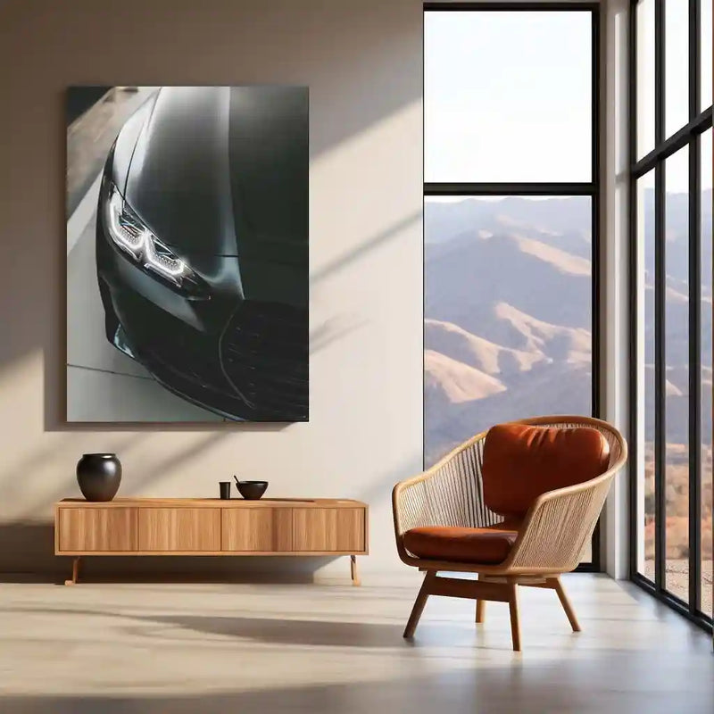 BMW Dark Edition – Satin Black Front Close-Up Neon LED Metal Poster | Luxury Car Wall Frame