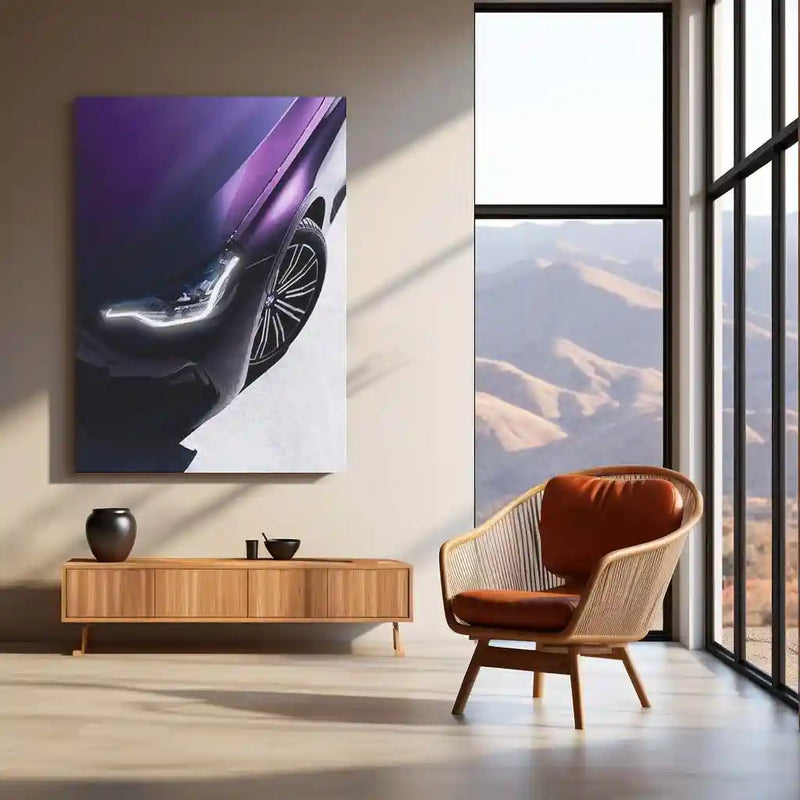 BMW M240i Front Side Close-Up – Purple Metallic Edition Neon LED Metal Poster | Performance Coupe Wall Frame