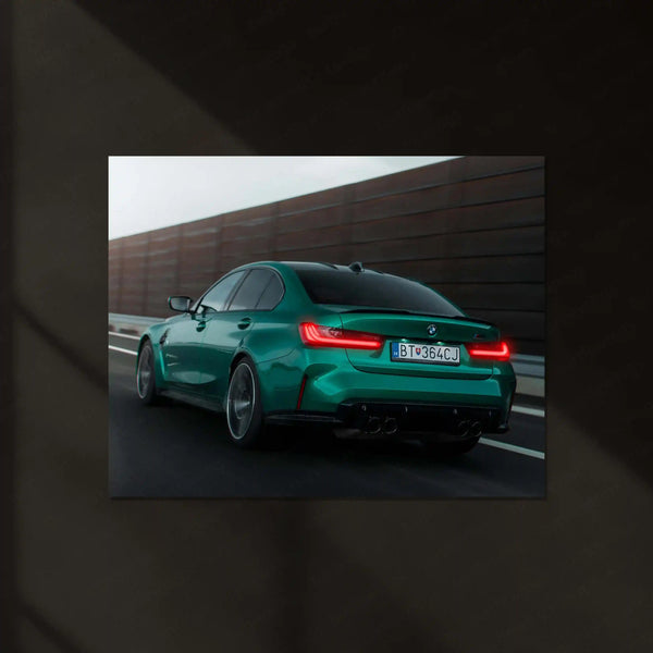 BMW M3 G80 Isle of Man Green – Rear Motion Shot Neon LED Metal Poster | Performance Sedan Wall Frame