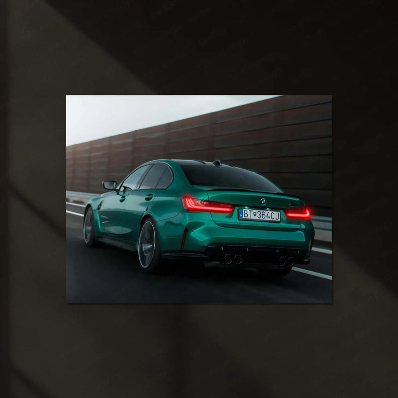 BMW M3 G80 Isle of Man Green – Rear Motion Shot Neon LED Metal Poster | Performance Sedan Wall Frame