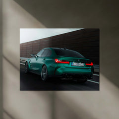 BMW M3 G80 Isle of Man Green – Rear Motion Shot Neon LED Metal Poster | Performance Sedan Wall Frame