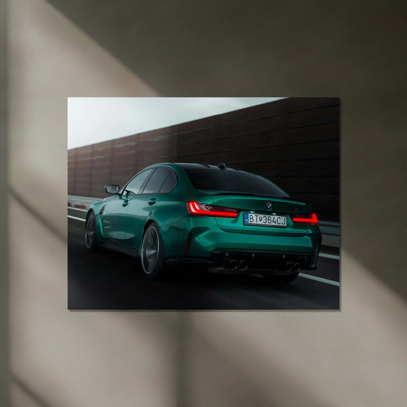 BMW M3 G80 Isle of Man Green – Rear Motion Shot Neon LED Metal Poster | Performance Sedan Wall Frame