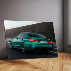 BMW M3 G80 Isle of Man Green – Rear Motion Shot Neon LED Metal Poster | Performance Sedan Wall Frame