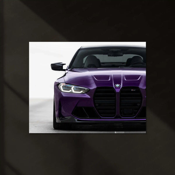 BMW M4 G82 Front View – Purple Beast Neon LED Metal Poster | Performance Coupe Wall Frame