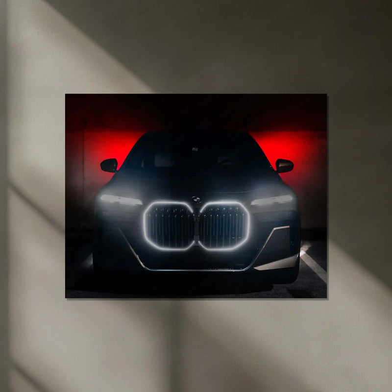 BMW i7 – Illuminated Grille Luxury Night Shot Neon LED Metal Poster | Electric Luxury Wall Frame
