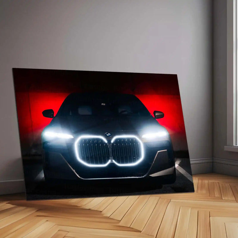 BMW i7 – Illuminated Grille Luxury Night Shot Neon LED Metal Poster | Electric Luxury Wall Frame