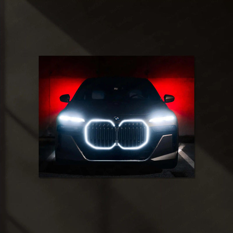 BMW i7 – Illuminated Grille Luxury Night Shot Neon LED Metal Poster | Electric Luxury Wall Frame