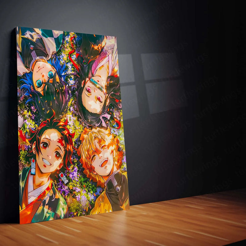Anime Metal Poster | Blossom Bond – Demon Slayer Quartet in Spring Light Metal Poster | Tanjiro, Nezuko, Zenitsu & Inosuke Wall Frame
