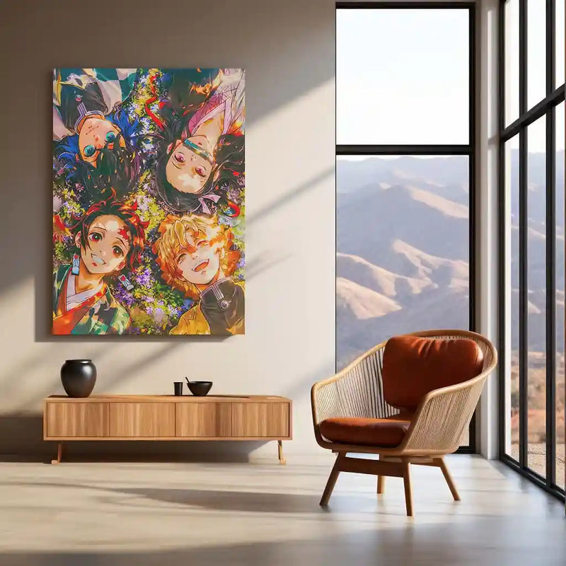 Anime Metal Poster | Blossom Bond – Demon Slayer Quartet in Spring Light Metal Poster | Tanjiro, Nezuko, Zenitsu & Inosuke Wall Frame