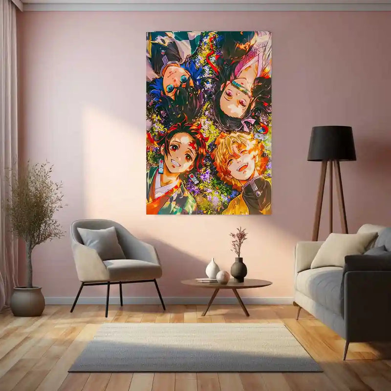 Anime Metal Poster | Blossom Bond – Demon Slayer Quartet in Spring Light Metal Poster | Tanjiro, Nezuko, Zenitsu & Inosuke Wall Frame