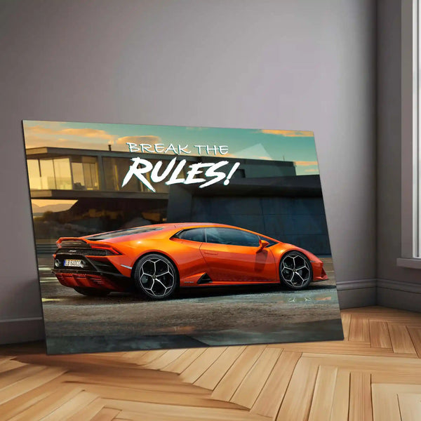 Break the Rules – Orange Lamborghini Huracan Metal Poster | Supercar Wall Art for Hustlers & Dreamers