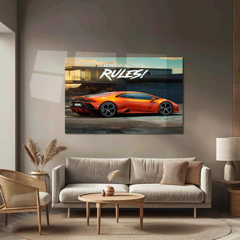 Break the Rules – Orange Lamborghini Huracan Metal Poster | Supercar Wall Art for Hustlers & Dreamers