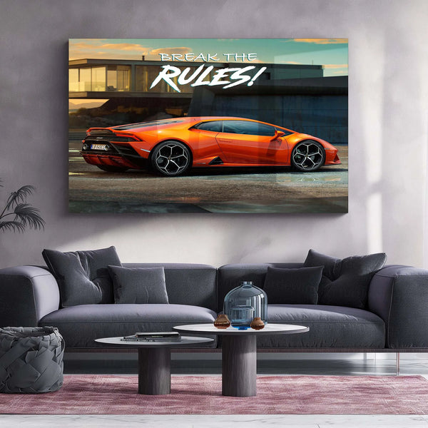 Break the Rules – Orange Lamborghini Huracan Metal Poster | Supercar Wall Art for Hustlers & Dreamers