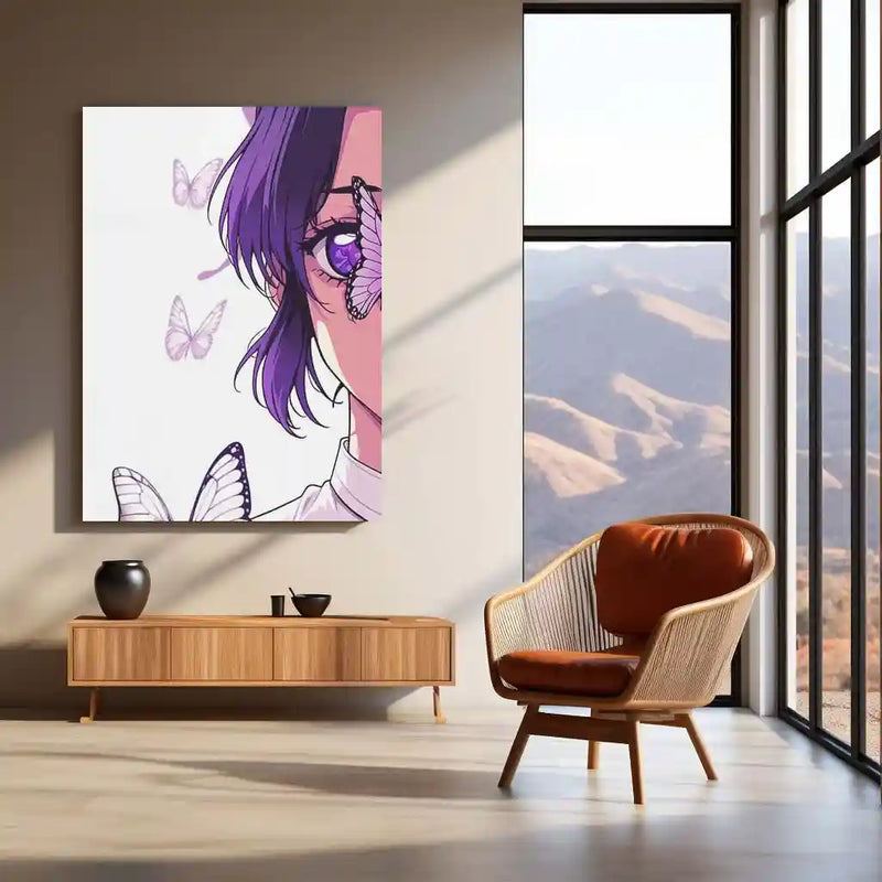 Butterfly Gaze – Purple Serenity Metal Poster | Elegant Nature Wall Frame