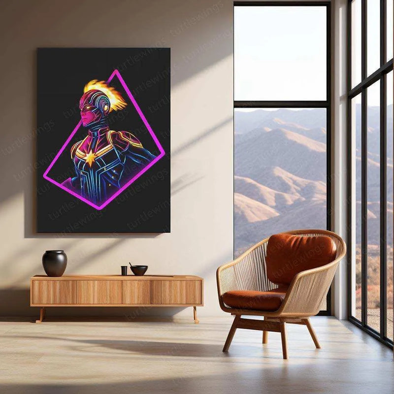 Captain Marvel Neon LED Metal Poster â Cosmic Superhero Wall Art for Marvel Fans - TURTLEWINGS