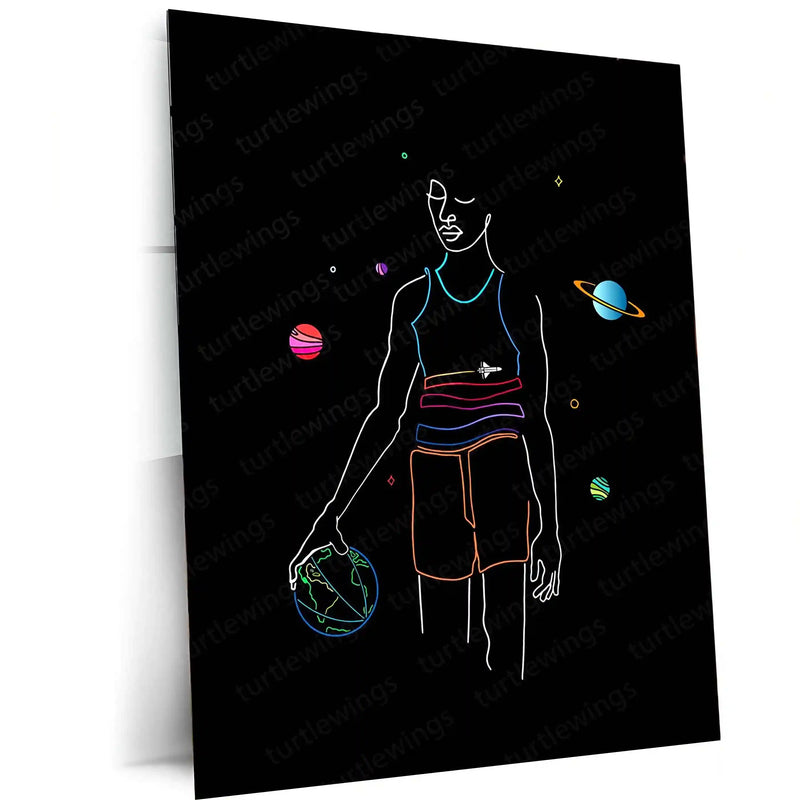 Sports Metal Poster | Cosmic Basketball Player – Minimal Line Art Metal Poster | Modern Sports Wall Frame