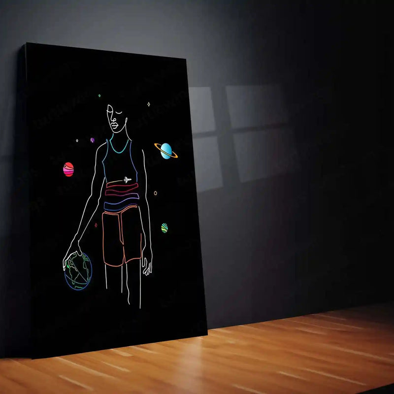 Sports Metal Poster | Cosmic Basketball Player – Minimal Line Art Metal Poster | Modern Sports Wall Frame