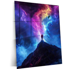 Cosmic Dreams – Man Standing Under Galaxy Sky Metal Poster | Surreal Night Wall Frame