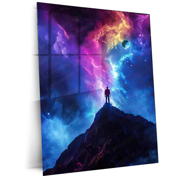 Cosmic Dreams – Man Standing Under Galaxy Sky Metal Poster | Surreal Night Wall Frame