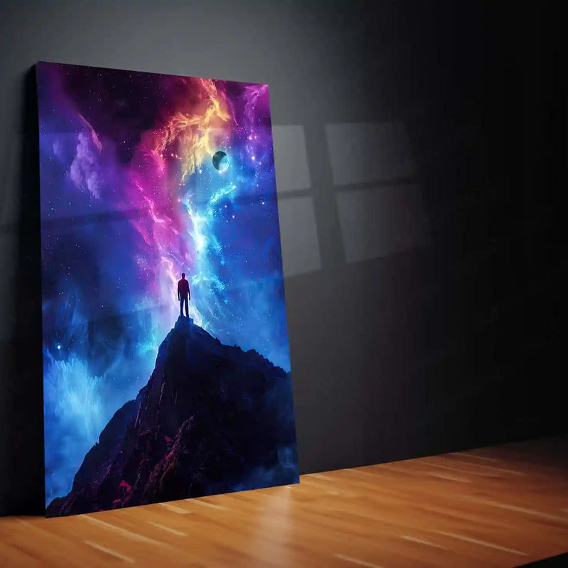 Cosmic Dreams – Man Standing Under Galaxy Sky Metal Poster | Surreal Night Wall Frame