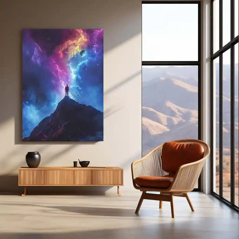 Cosmic Dreams – Man Standing Under Galaxy Sky Metal Poster | Surreal Night Wall Frame