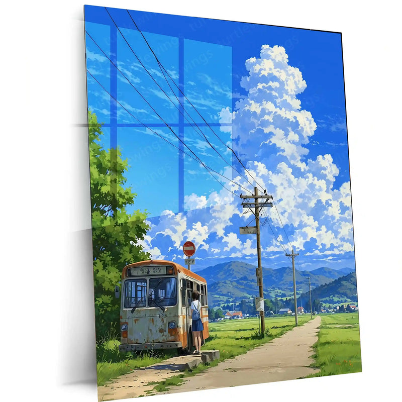 Countryside Dreams – Quiet Bus Stop Metal Poster | Serene Rural Landscape Wall Art