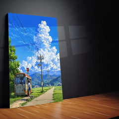 Countryside Dreams – Quiet Bus Stop Metal Poster | Serene Rural Landscape Wall Art
