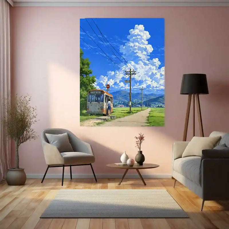 Countryside Dreams – Quiet Bus Stop Metal Poster | Serene Rural Landscape Wall Art