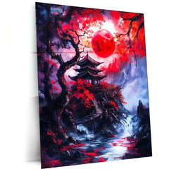 Crimson Moon Over the Forgotten Pagoda – Fantasy Metal Poster | Mystical Wall Frame
