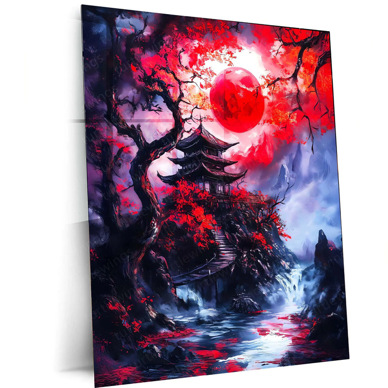 Crimson Moon Over the Forgotten Pagoda – Fantasy Metal Poster | Mystical Wall Frame