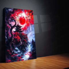 Crimson Moon Over the Forgotten Pagoda – Fantasy Metal Poster | Mystical Wall Frame