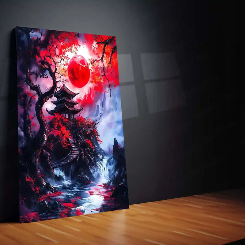Crimson Moon Over the Forgotten Pagoda – Fantasy Metal Poster | Mystical Wall Frame