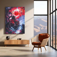 Crimson Moon Over the Forgotten Pagoda – Fantasy Metal Poster | Mystical Wall Frame