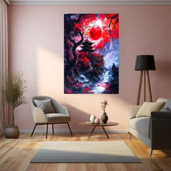 Crimson Moon Over the Forgotten Pagoda – Fantasy Metal Poster | Mystical Wall Frame