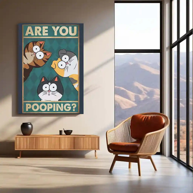 Curious Cats – “Are You Pooping” Funny Metal Poster | Cat Lover Comedy Wall Frame