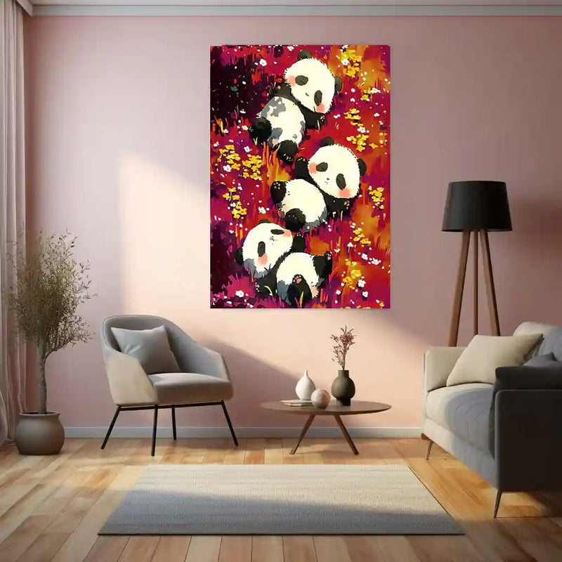 Cute Panda Trio – Relaxing in Floral Meadow Metal Poster | Animal Wall Art Frame